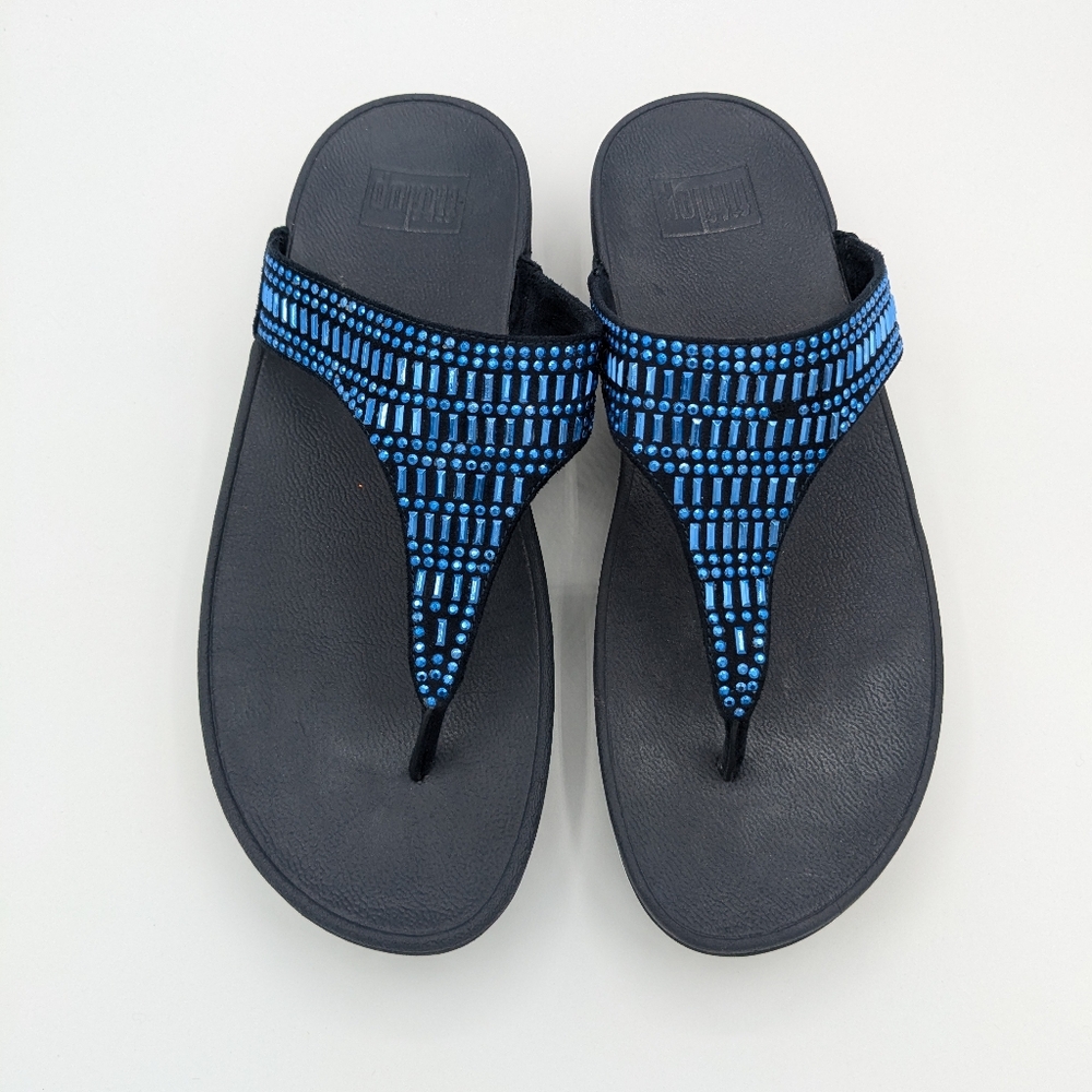 Fitflop Incastone Blue Rhinestone Bling Flip Flop Thong Sandals Womens Sz 9